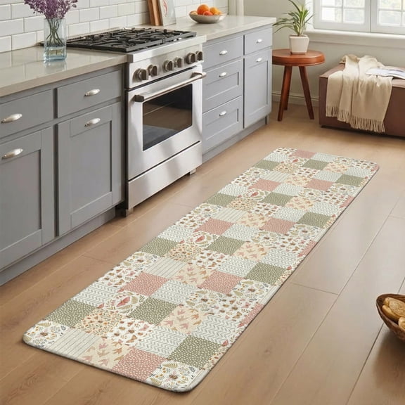 Entryway Runner Rug 19.7''x63'', Spring Floral Checkered Indoor Outdoor Front Door Mat with Non-Slip Rubber, Farmhouse Botanical Plaid Absorbent Runner Doormat for Hallway Kitchen Back Door Entrance