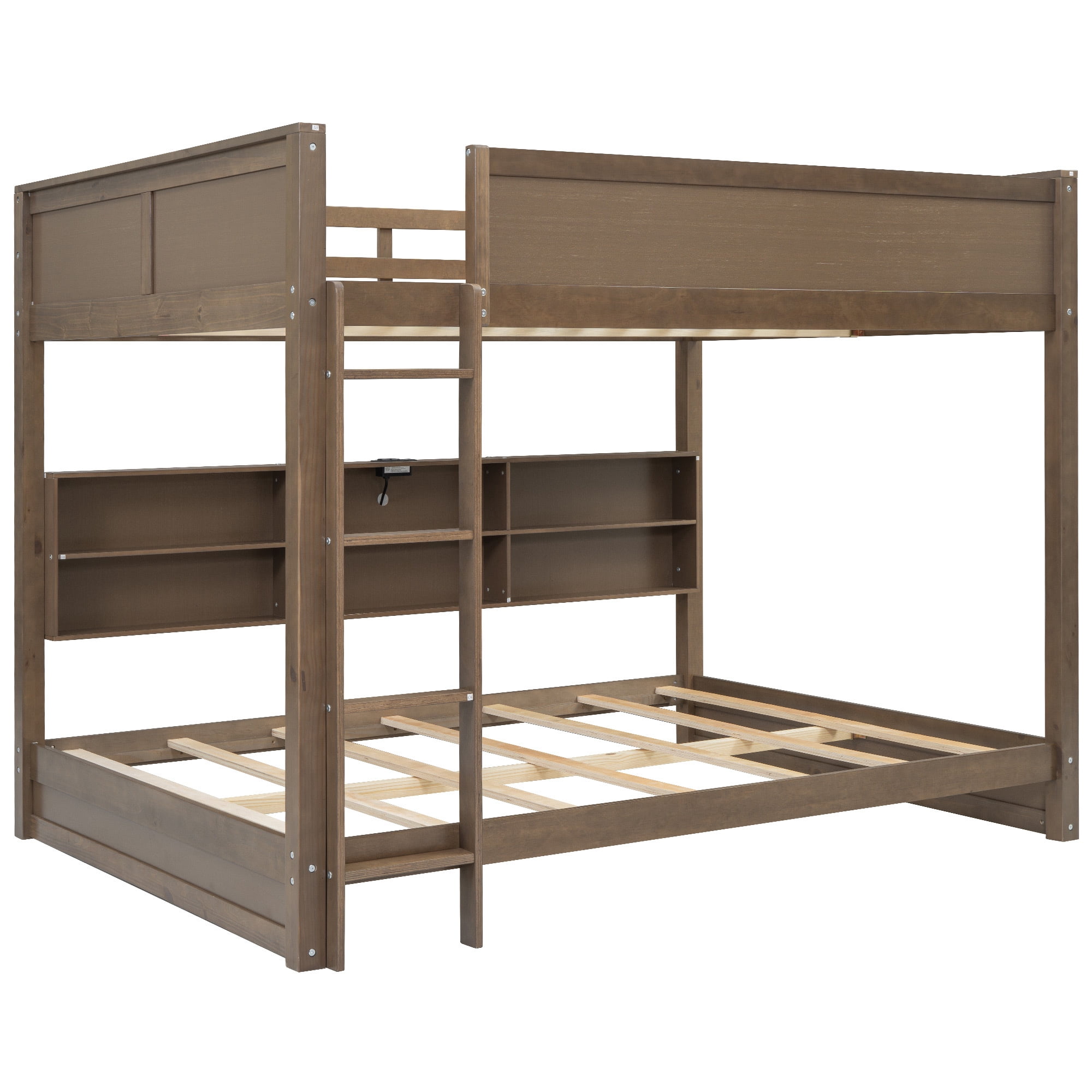 Euroco Wood Queen over Queen Bunk Bed with Bookcase, Shelves and USB Charging Station, Antique Wood