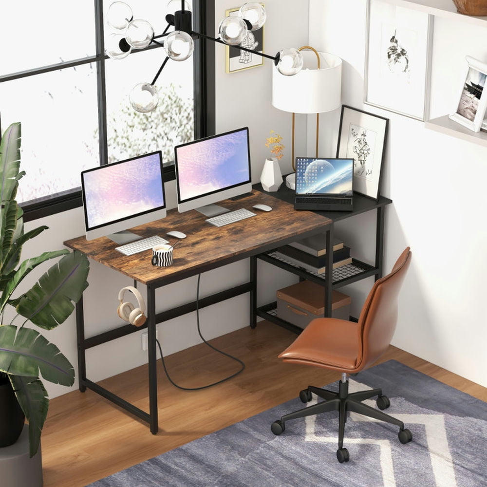 Demi Bonn 59" Home Office Computer Desk with Removable Storage Shelves, Small Home Office Desk Study Writing Table, Brown