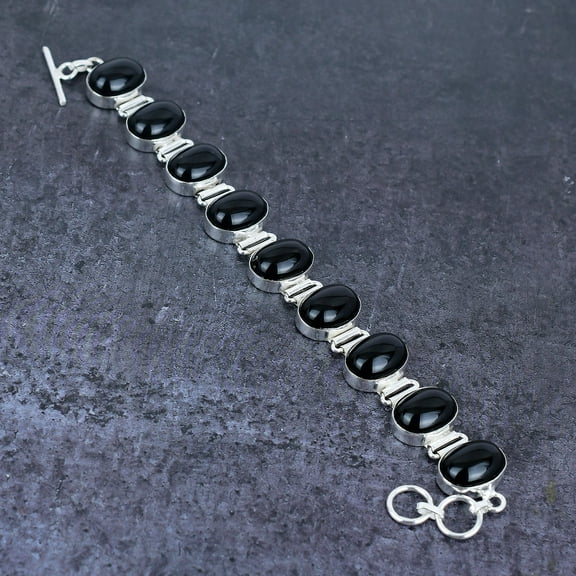 Natural Black Onyx Gemstone Handmade 925 Sterling Silver Bracelet 7-8"