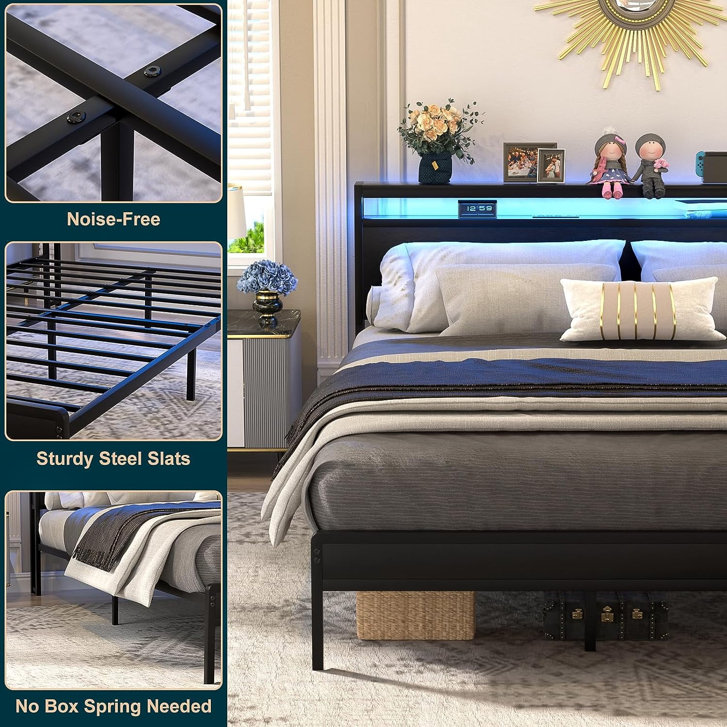 Homieasy Full Size Bed Frame with Charging Station and LED Strips, Industrial Platform Bed with Headboard and Storage, Steel Slat Support, No Box Spring Needed, Noise-Free, Easy Assembly, Black