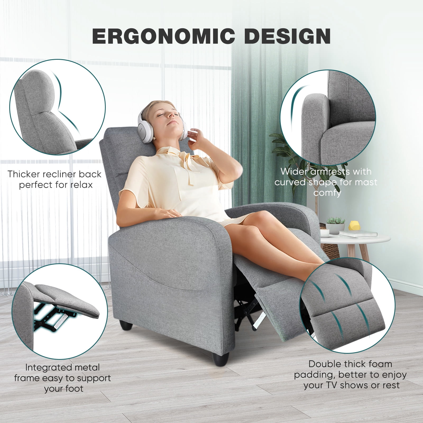 CONCETTA Massage Recliner Chair with Vibration, Small Sofa for Living Room & Home Theater, 160° Recline, 275lb Capacity, Gray