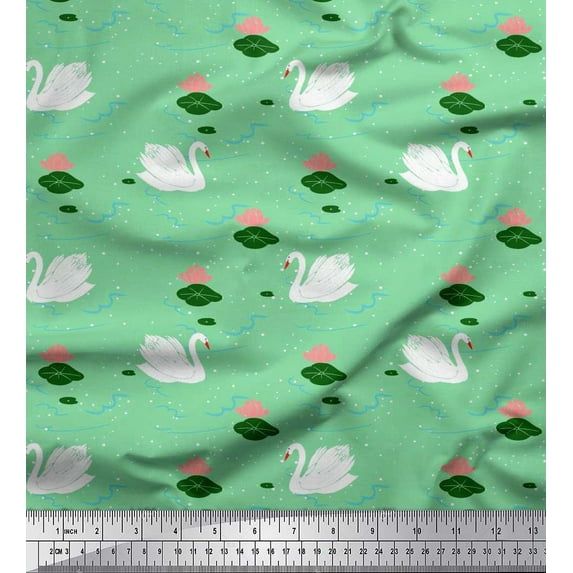 Soimoi Green Satin Silk Fabric Leaves,Lotus & Swan Bird Printed Fabric 1 Yard 42 Inch Wide