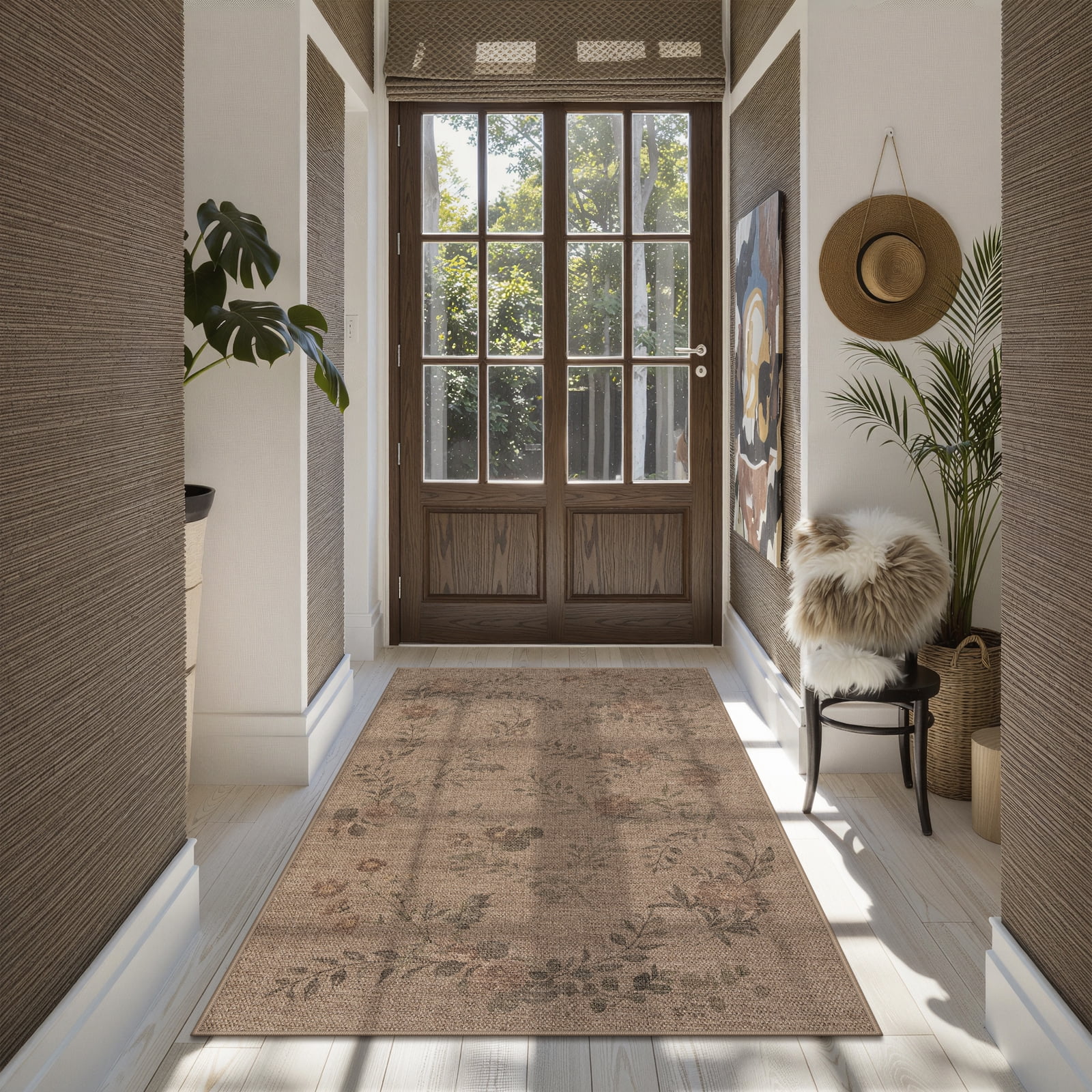 SUNDEREY 3'x5' Floral Easy Jute Rug,Area Rug 3x5ft Washable Bedroom Rug,Easy Jute Indoor Outdoor Carpet, Farmhouse Non Slip Khaki Floor Rug for Dining Room Office Entrance Kitchen,Vine&Fleur