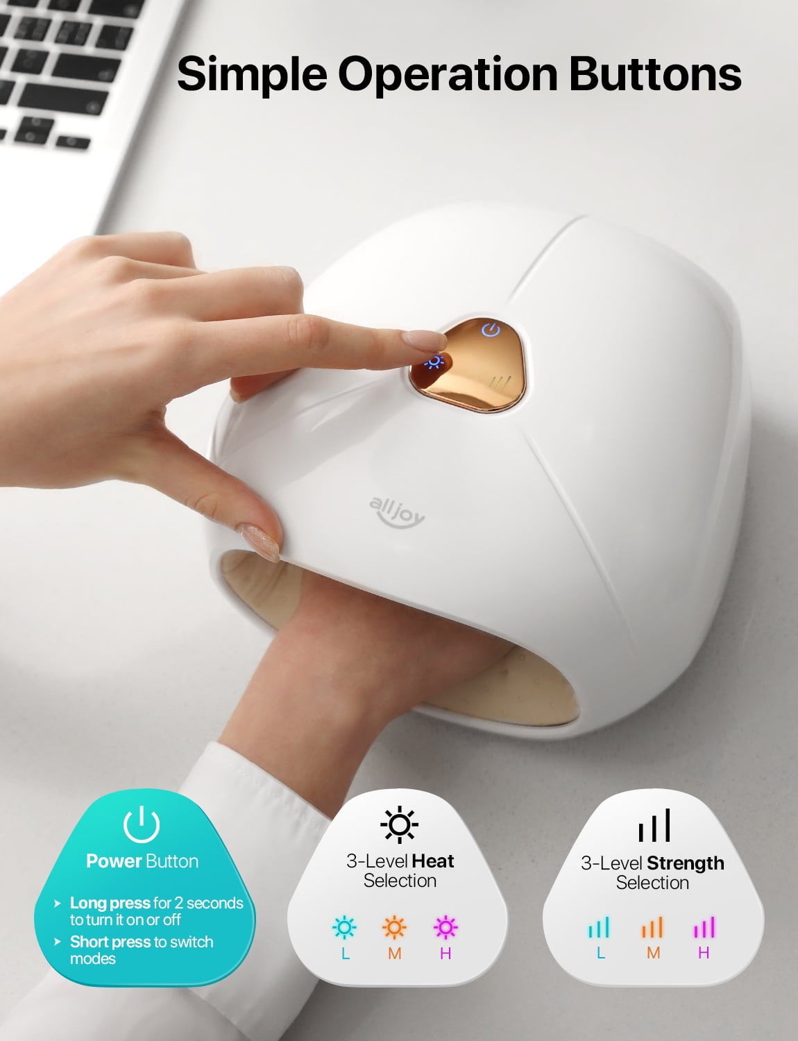 ALLJOY Cordless Hand Massager with Heat, Rechargeable Finger Massager, 3 Compression Levels, Ideal Gift for Loved Ones, White