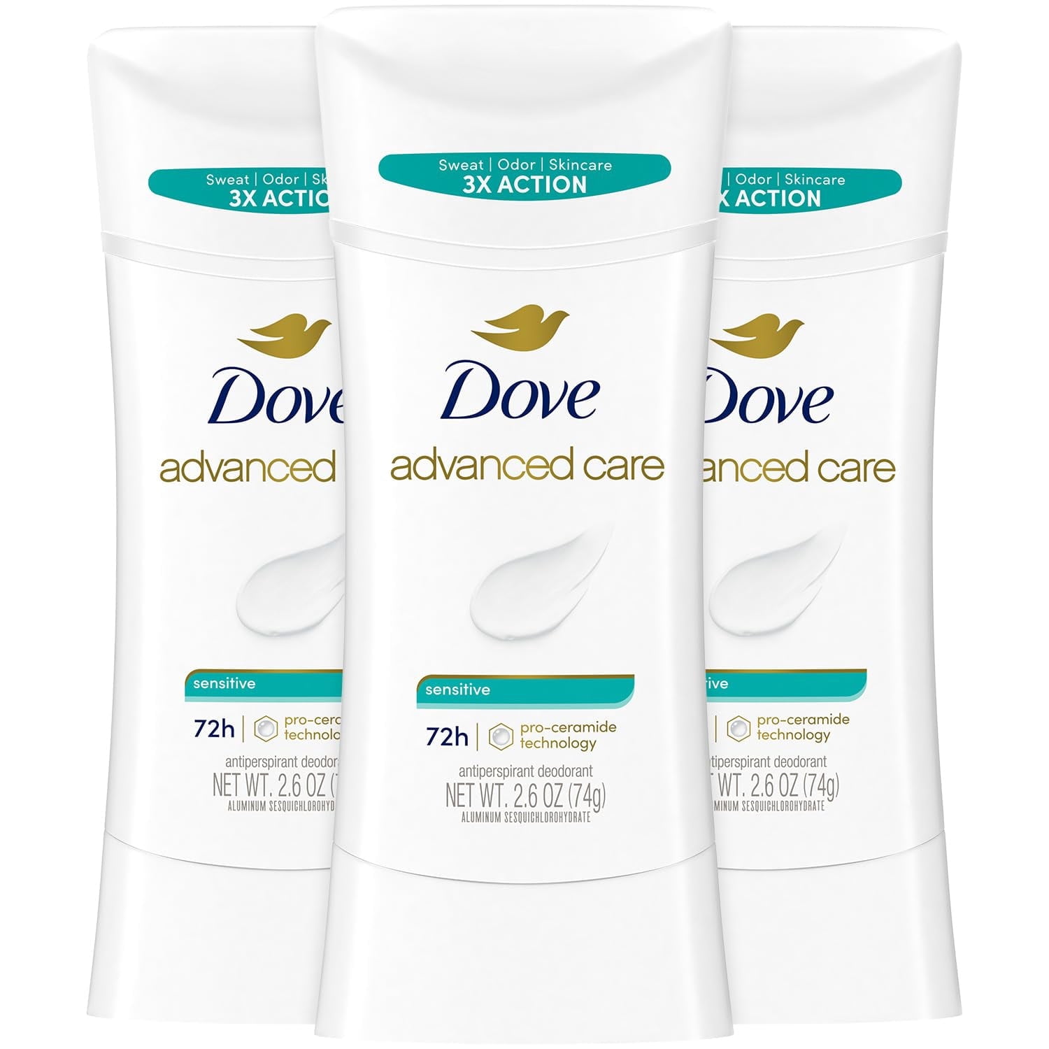 Dove Advanced Care Antiperspirant Deodorant, Sensitive, Unscented 3-Pack – 72 Hours of Odor & All Day Wetness Protection, 2.6 oz Ea