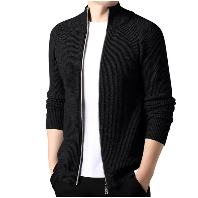 LOVZFMLL Men's Sweaters, Solid Color V-Neck Ribbed Cardigan, Casual Mandarin Collar Zipper Outerwear Jacket, Warm Winter Tops, Fall Clothes