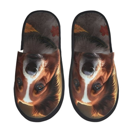 Balery Cute Maple Leaf Puppy Slient Indoor Furry Fleece Comfort House Shoes Soft Non-Slip Home Shoes Cotton slippers House Slippers-- Large