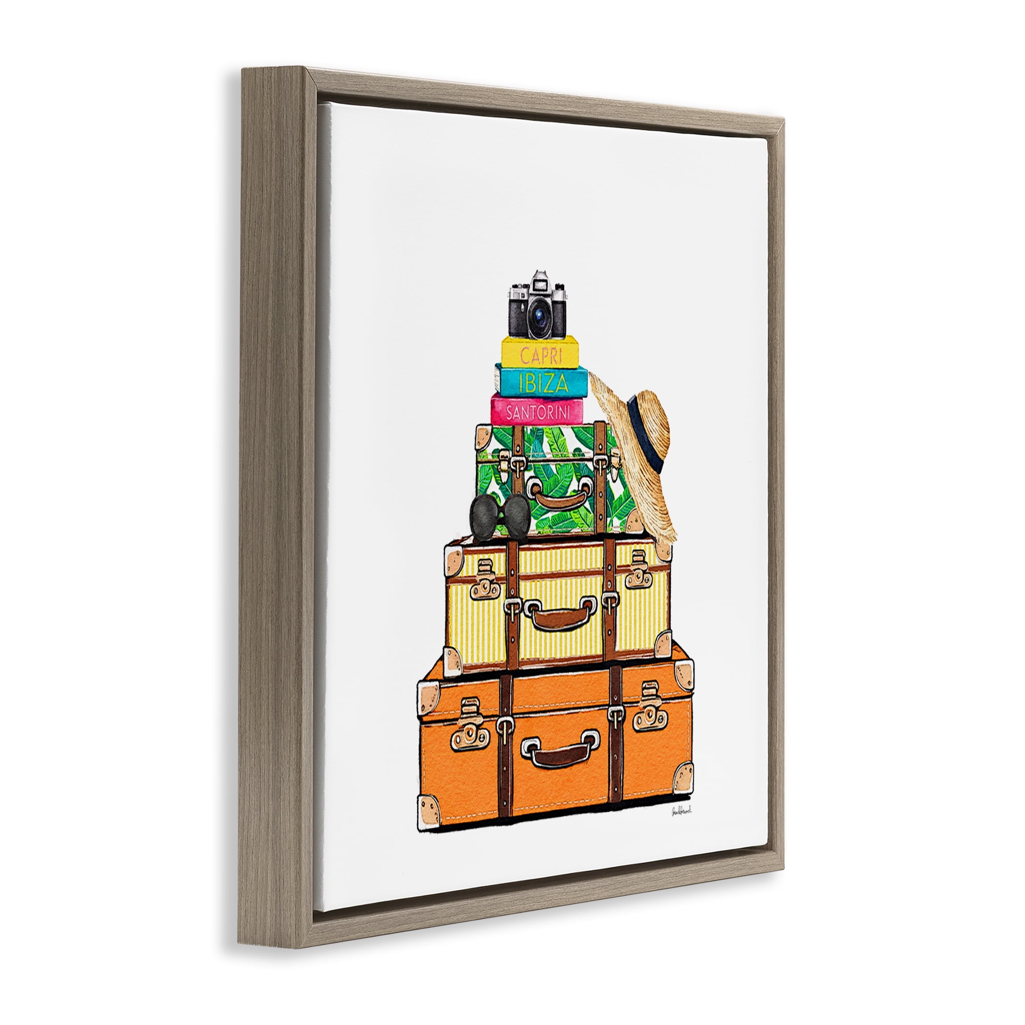 Stupell Industries Travel Suitcases & Camera Brown Framed Floater Canvas Wall Art, design by Amanda Greenwood