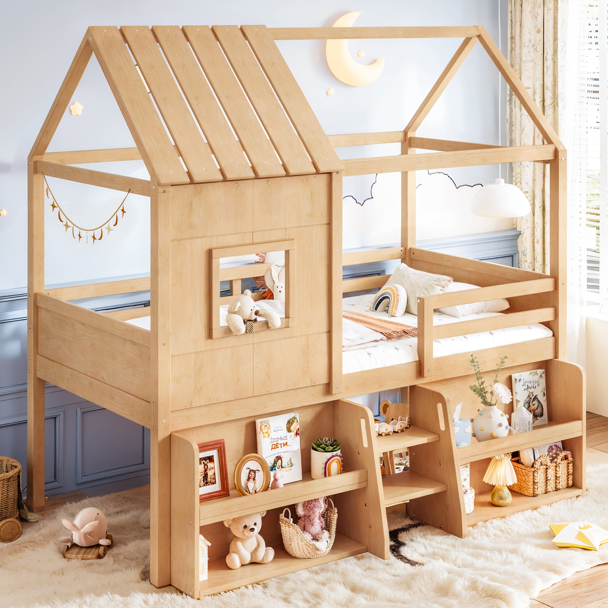 Leumius Twin Size Loft Bed with Storage Shelves and Stairs, House Loft Bed with Playhouse Shape Roof and Window, Childlike and No Box Spring Needed Design, Natural