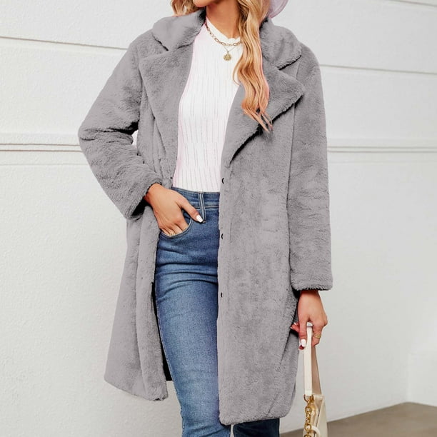 Lovskoo 2024 Womens Faux Fur Coat Long Sleeve Winter Warm Notch Lapel Long  Jacket Solid Color Overcoat Outwear With Pockets Gray
