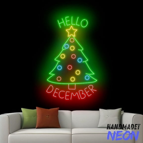 Handmadetneonsign Hello December Neon Sign, Christmas Led Sign, Christ Wall Art, Home Wall Decor 91419