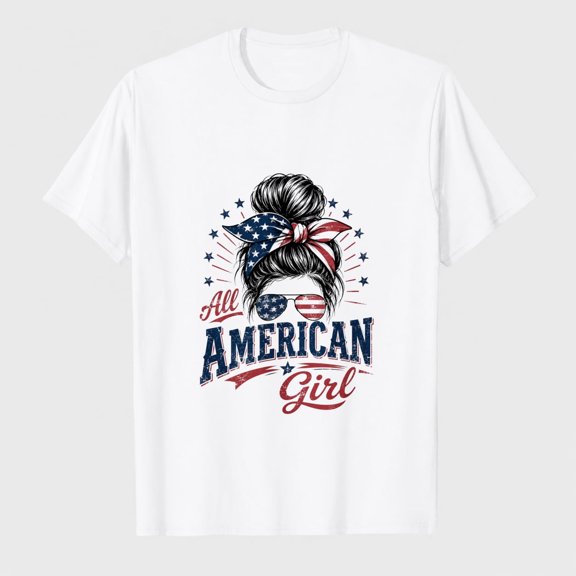Women’s 4th of July All American Girl T-Shirt, Patriotic USA Flag Bow Messy Bun Graphic Tee, Independence Day Summer Top
