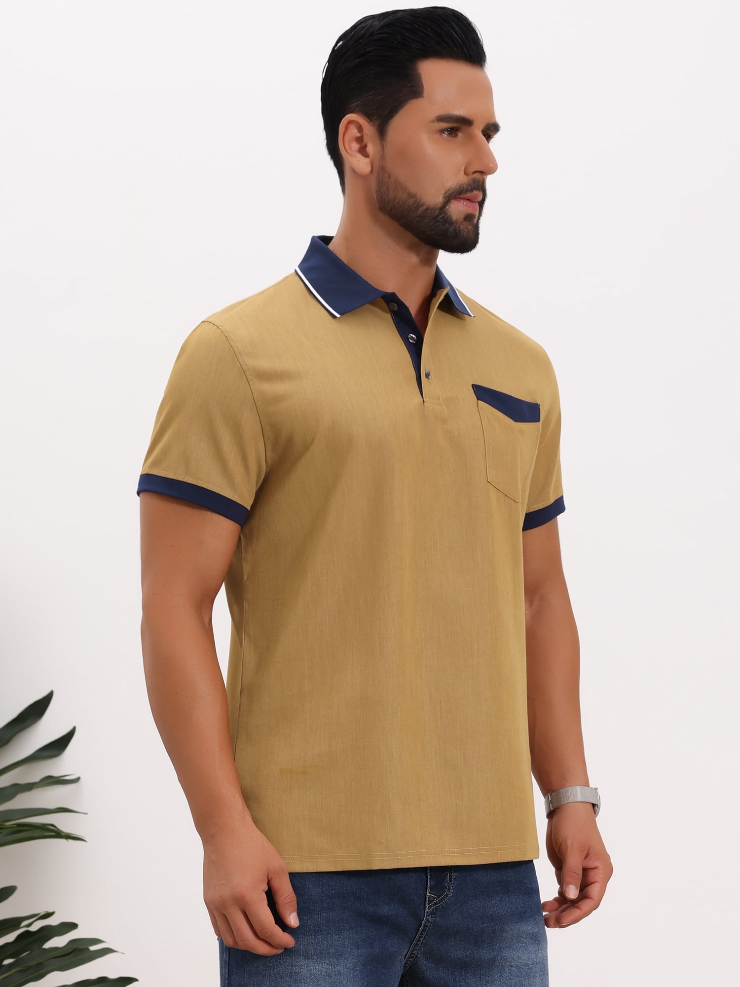 DARING DIVA Men's Short Sleeve Western Retro Stretch Color-Block Polo Shirts XL Khaki
