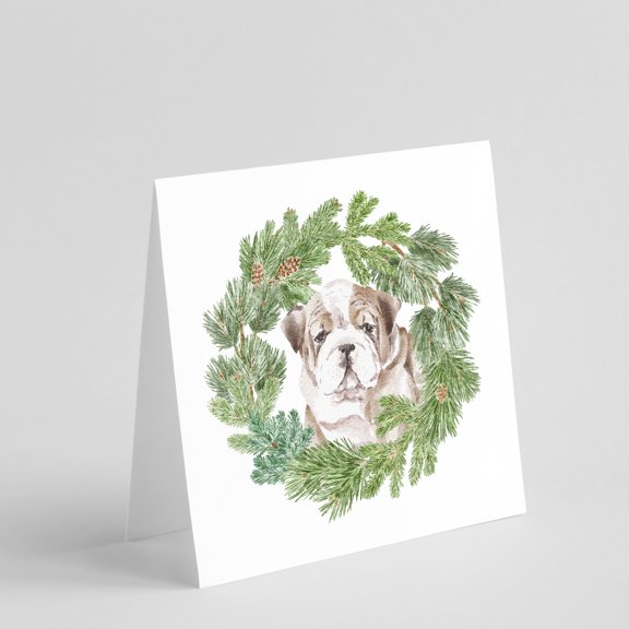 Bulldog Puppy Fawn Brindle with Christmas Wreath Square Greeting Cards and Envelopes Pack of 8 5 in x 5 in