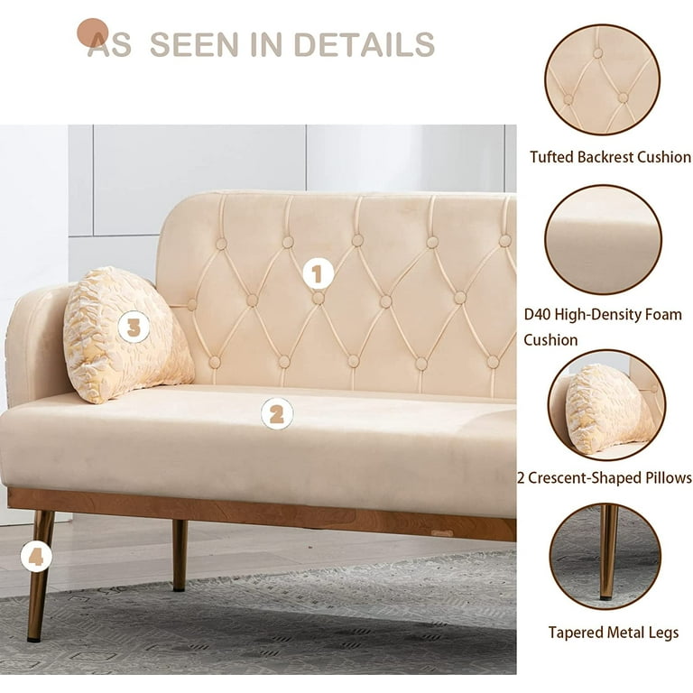 55 Small Velvet Couch with 2 Moon Shape Pillows,Twin Size Loveseat Accent  Sofa with Button Tufted Backrest and Golden Metal Legs,Upholstered Living