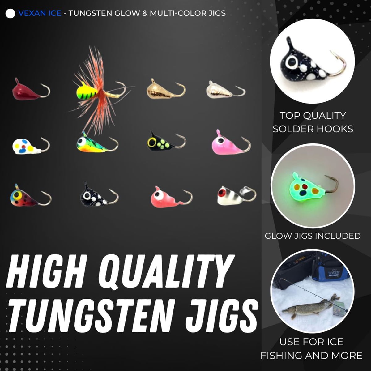 Vexan 12-Pack Tungsten Ice Fishing Jigs Glow & Multi-Color (1.1g, 4 mm, #14 Hook)