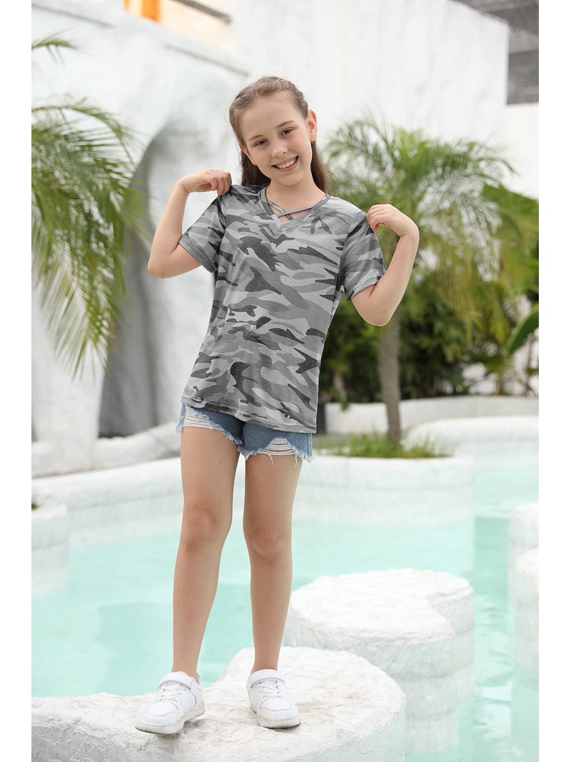 Girls Camouflage Stripe Short Sleeve Shirt - V Neck Criss Cross Tee - Casual Sport Top For Kids 4-15 Years