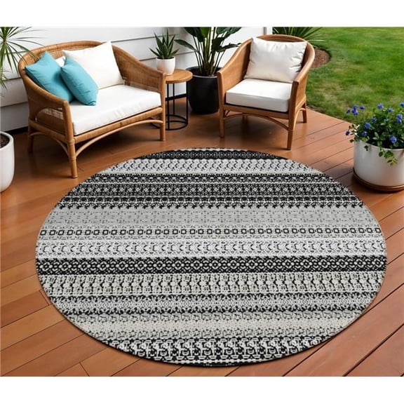 HomeRoots 576952 8 ft. Round Striped Washable Indoor & Outdoor Area Rug, Black