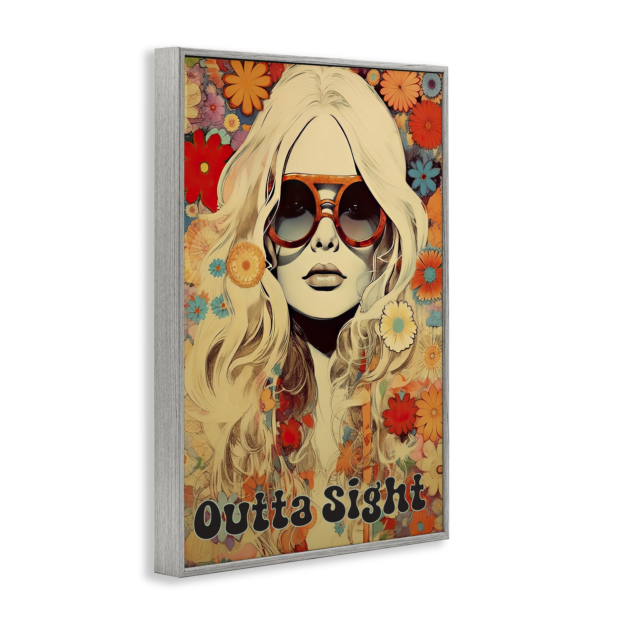 Outta Sight Hippie Girl Gray Framed Giclee Art, design by Sasha