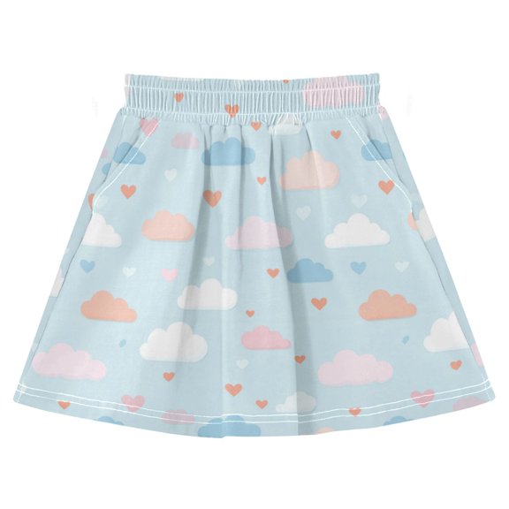 Girls Cotton A-Line Skirt with Built-in Shorts Soft Breathable High Waist Skirt Elastic Waist for Daily Wear Cute Clouds and Hearts Pattern 3Y