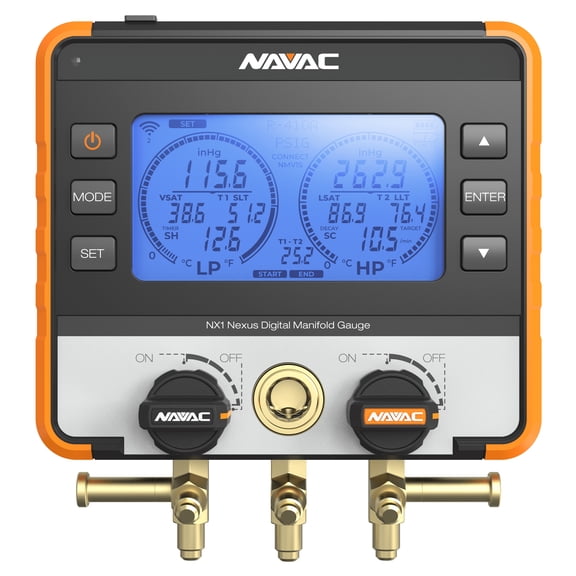 NAVAC NX1 Nexus Digital Manifold Gauge | Bluetooth for Temperature Probes | Impact-Resistant HVAC Gauge with Aluminum Body and Rubber Cover | A2L Compatible | 2 Years Warranty