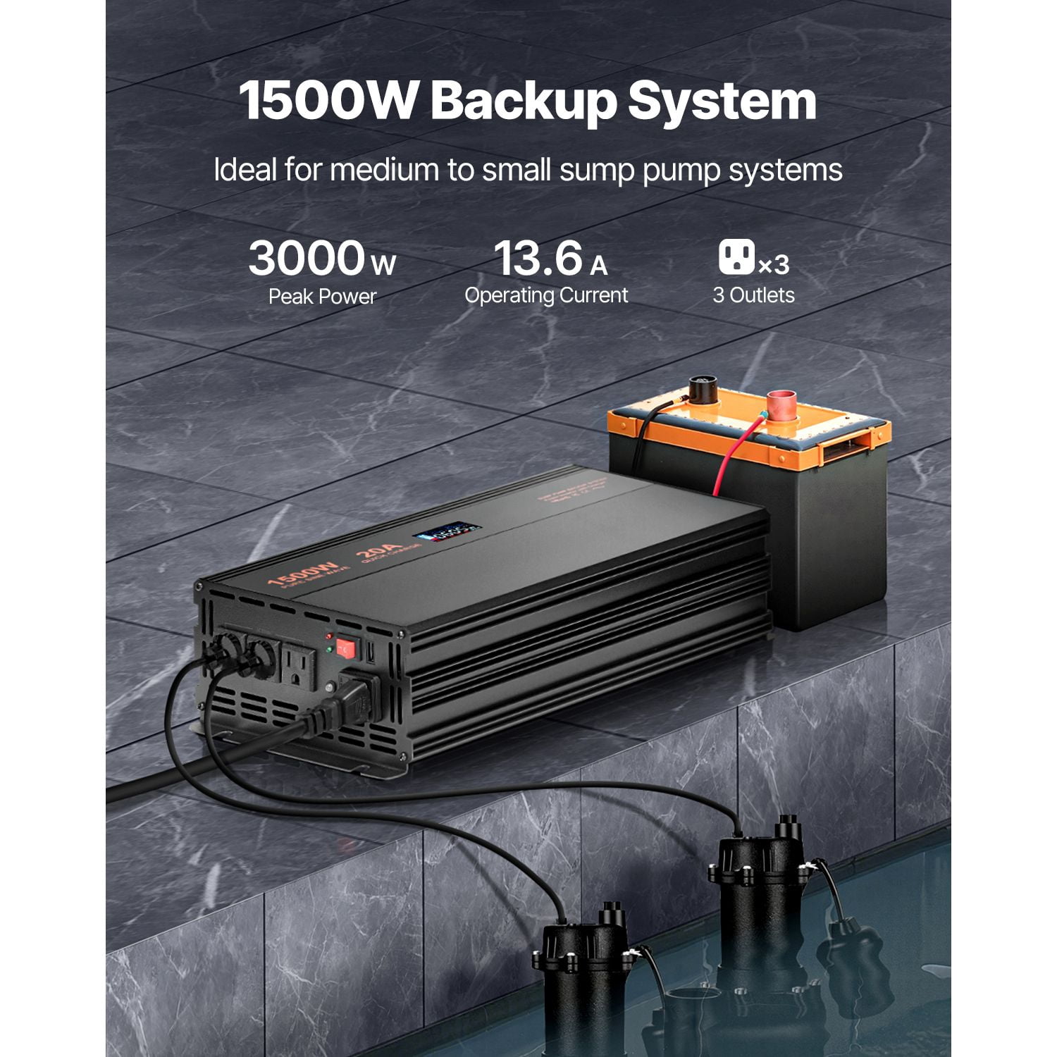 1500W Sump Pump Battery Backup System with LCD Display - Automatic Switch to Battery Power During Outages, 1200GPH High Capacity Water Removal for Basement Flood Protection