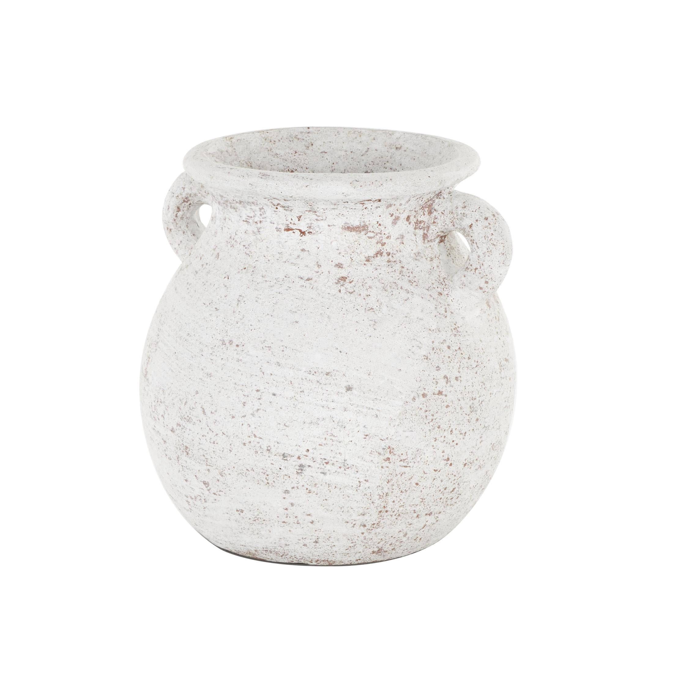 DecMode 10" Antique Style Textured Pot Cream Ceramic Vase with Handles