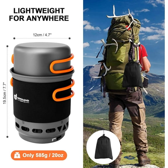 Heat Exchange Camping Pot with Backpacking Stove 7-In-1 Camping Cookware Mess Kit for Hiking, Trekking, Fishing and Picnic