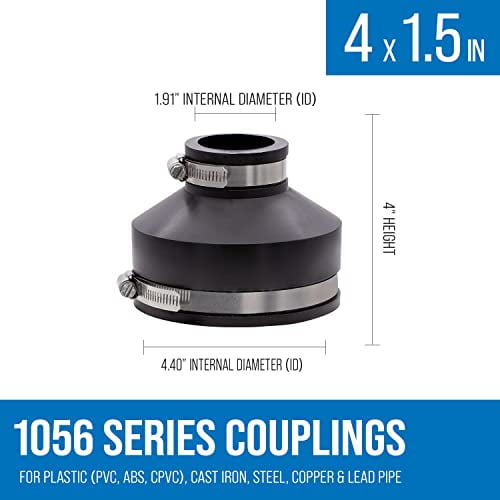 Fernco 1056-415 Reducing 4-in. x 1-1/2-in. Flexible PVC Pipe Coupling for Cast Iron and Plastic Plumbing Connections in Black