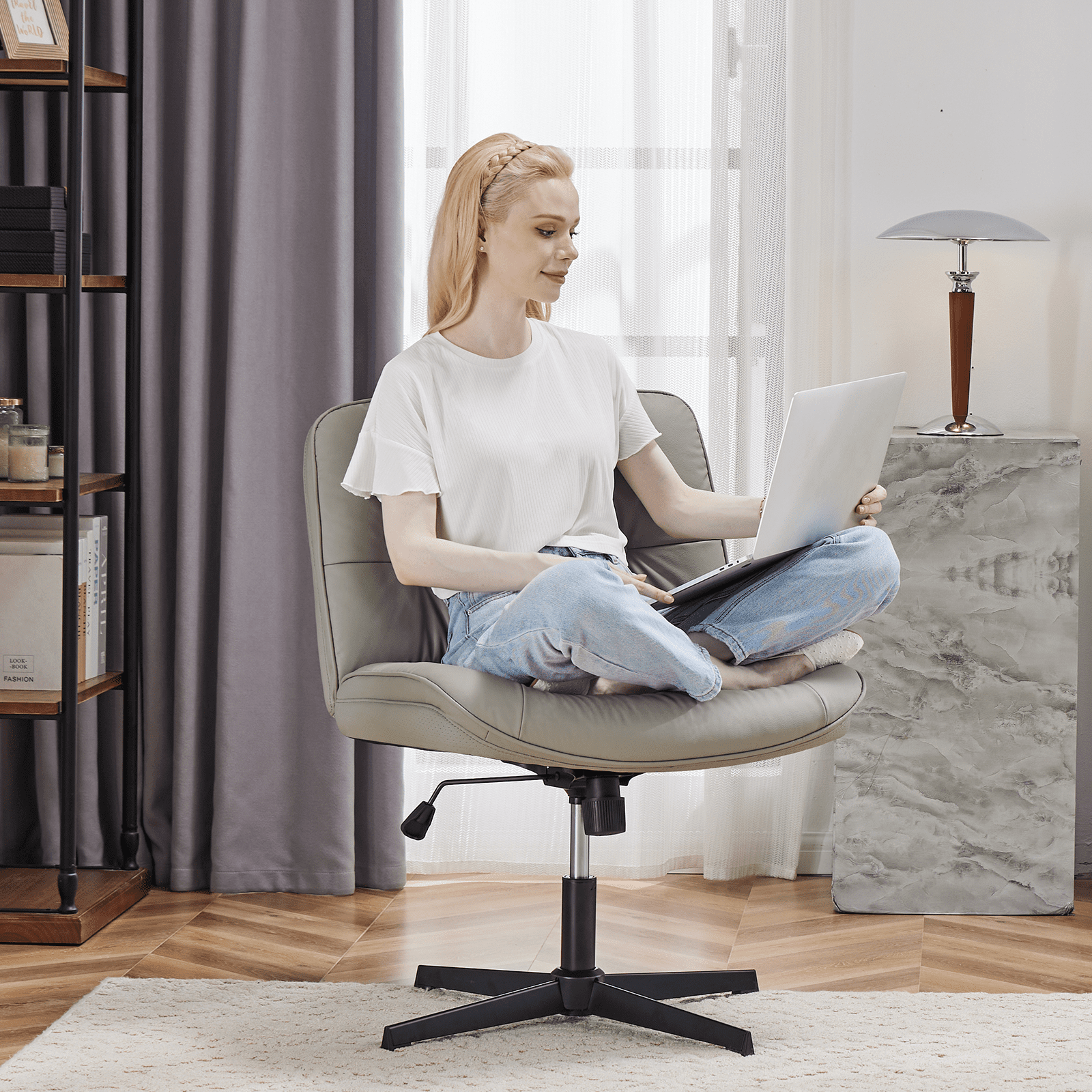 MAYEERTY Criss Cross Legged Chair, Armless Office Desk Wide Seat No Wheels, Swivel Height Adjustable Comfy