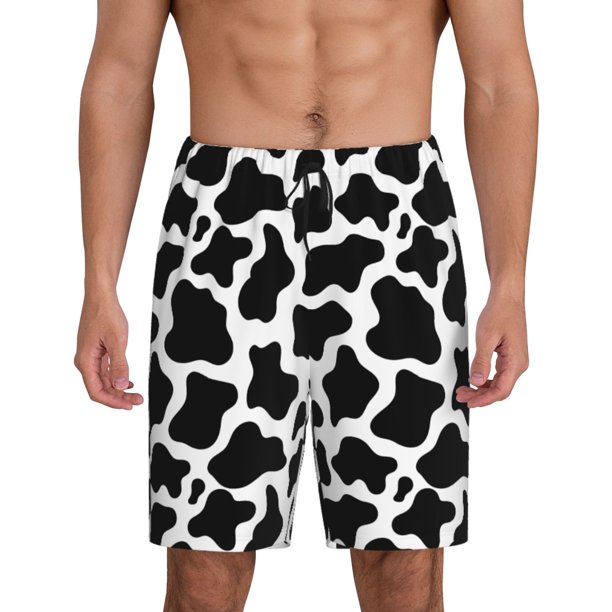 Balery Cow Print Black White Pantalones cortos de pijama de punto de algodón para hombre con cinturilla y bolsillos-Medium