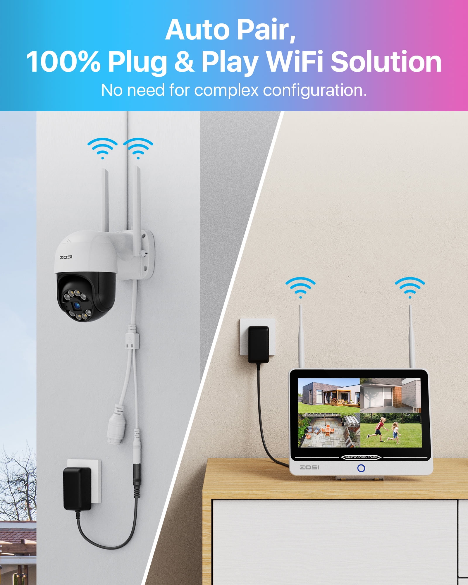 5MP 355 WiFi Security Camera System with 12" LCD Monitor, ZOSI 8CH All in one WiFi Security System with 1TB HDD, 3MP Outdoor WiFi Camera with 2 way Audio, AI Human Detection, 100ft Night Vision