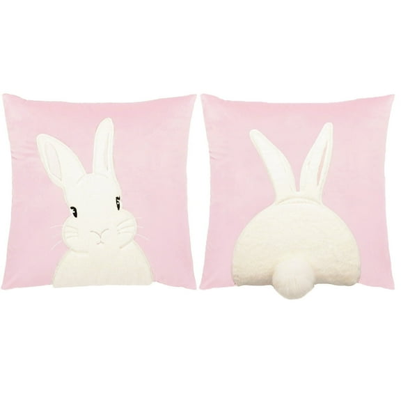 Set of 2 Easter Throw Pillow Covers 18x18 Inch ,Easter Bunny Decorative Pillowcase 3D Embroidered Velvet Rabbit Cushion Case (Pink)
