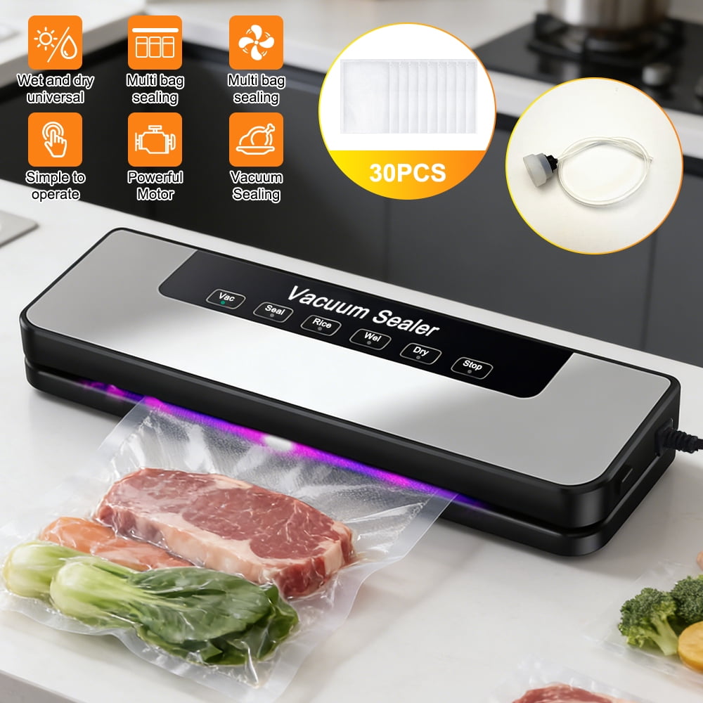 MDHAND Vacuum Sealer Machine with UV Sterilization, 60kPa Suction Power, 120W, 30cm Seal Width, Includes 50 Precut Bags and External Hose, for Food Storage