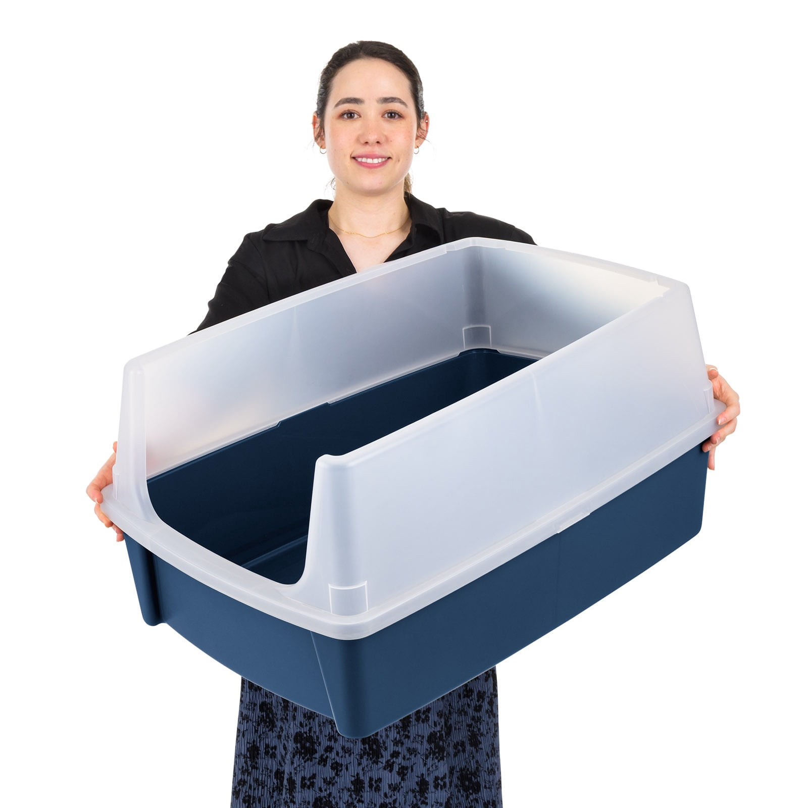 IRIS Extra Large Open Top Cat Litter Box with Scatter Shield, Sturdy Open Air Kitty Litter Pan with Tall Spray, Navy
