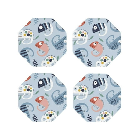 

Junzan Cute Chameleons On Blue Print Coasters for Drinks - Leather Coasters Set of 4 for Coffee Table for Housewarming/Kitchen/Bar/Decor-Octagon