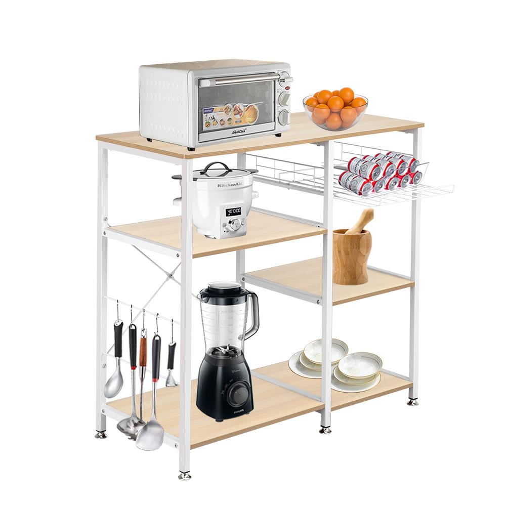 bigzzia Wood Kitchen Bakers Rack Utility Microwave Oven Stand Storage Cart Workstation Shelf with Wire Basket and 6 Hooks 