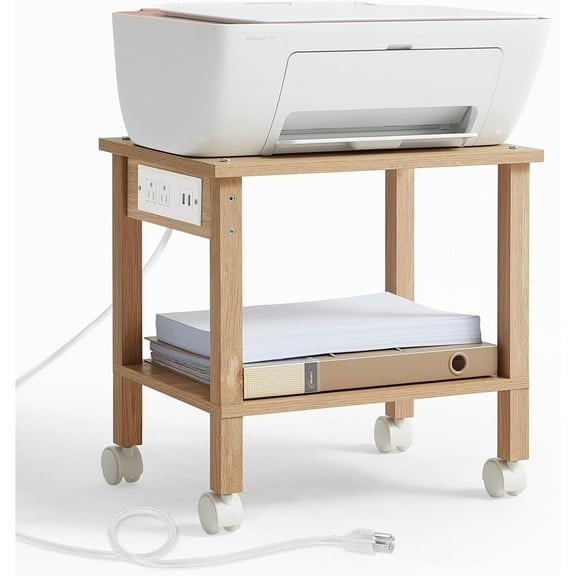 2 Tier Under Desk Printer Stand with Storage, Small Printer Table with Charging Station, Rolling Printer Cart Shelf with Lockable Wheels for Home, Office (Natural)