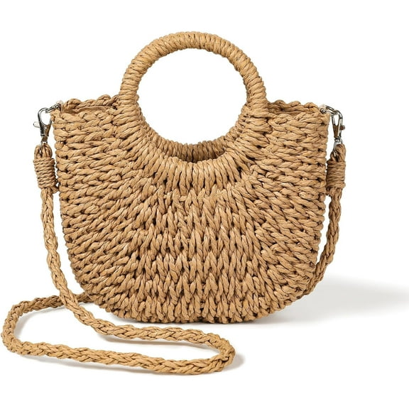 Handwoven Straw Bag Summer Purses for Women Round Half Moon Design Crossbody Woven Purse with Braided Handle for Beach, Party, Vacation