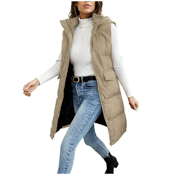 ZHYou Long Puffer Vest for Women Quilted Hooded Vest Padded Sleeveless Coat Jackets with Pockets,Khaki,Size:M