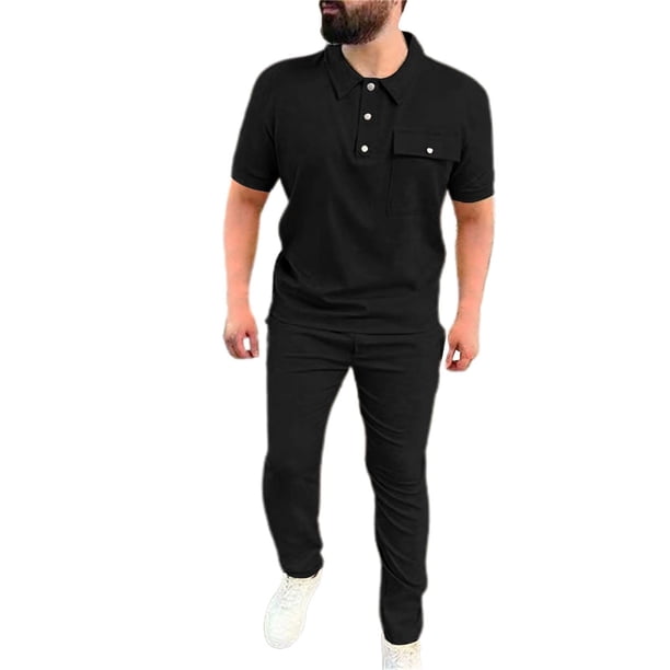 Conjunto de dos piezas Cagnkofi para hombre, transpirable, de verano, informal, de manga corta y pantalón largo, chándal de color liso.