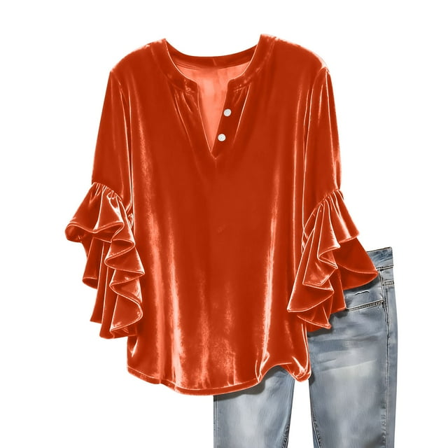 cfhntfmh Women Velvet Tops Ruffle 3/4 Sleeve V Neck Blouse Spring Trendy Pullover Top Evening Party Tunic Velvet Shirts