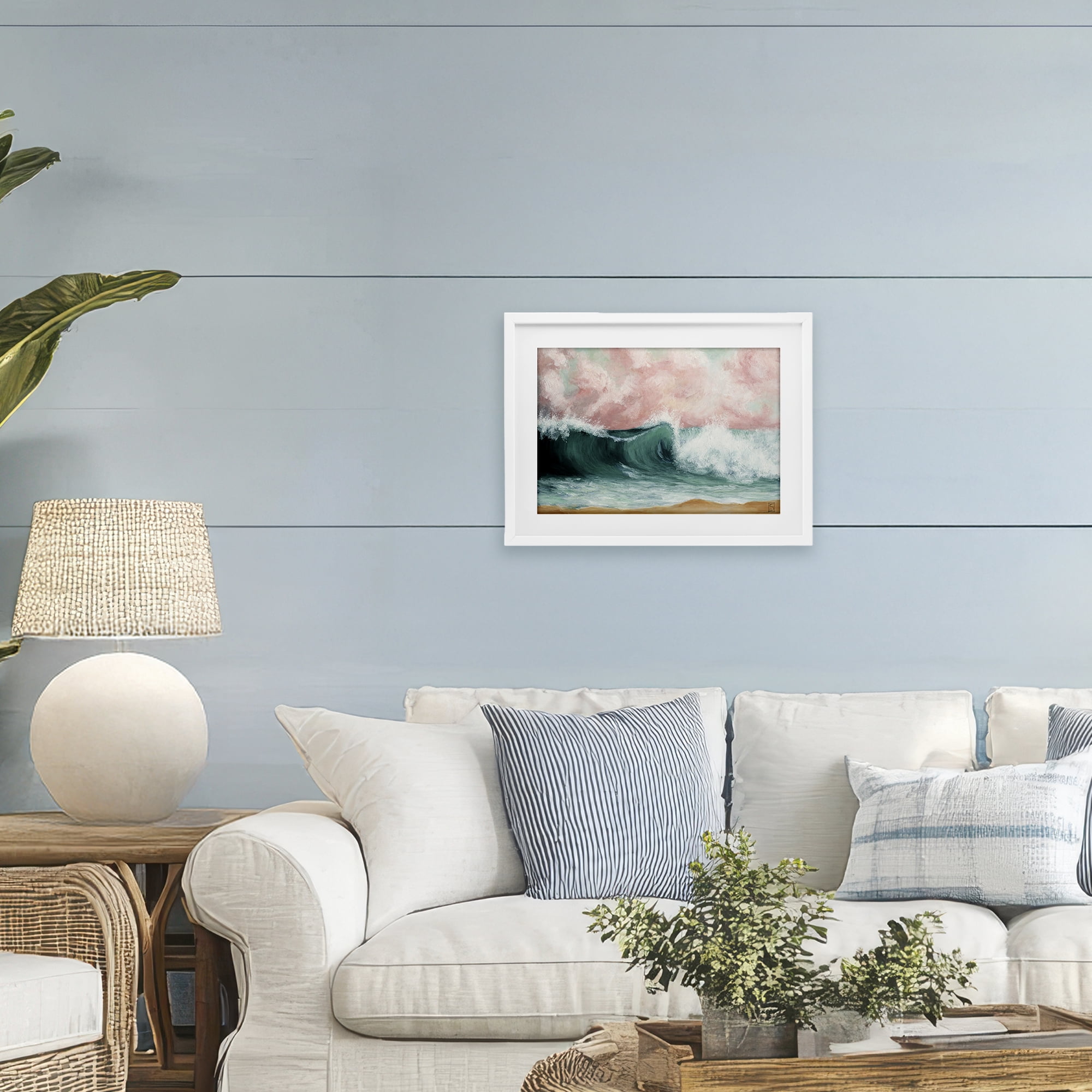 Crashing Seascape Waves White Framed Print Under Glass, design by Sara Culpepper