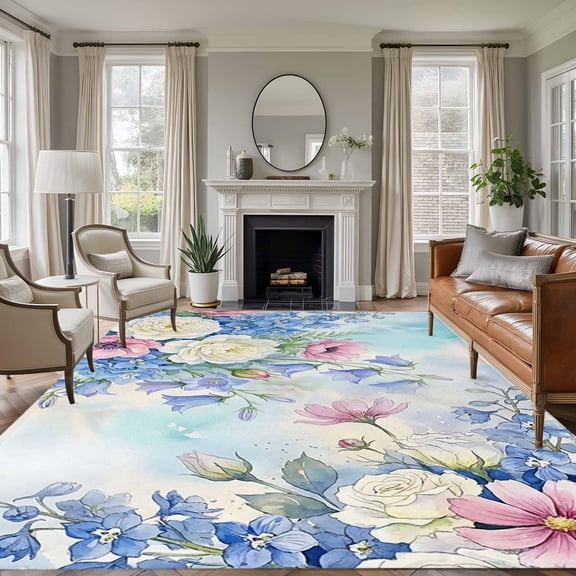 Blue Spring Floral Area Rugs 8'x10', Washable Small Throw Rugs for Living Room Patio, Pink Flowers Elegant Botanical Farmhouse Indoor Outdoor Rug Non-Slip Low Pile Carpet Runner Reversible Floor Mats