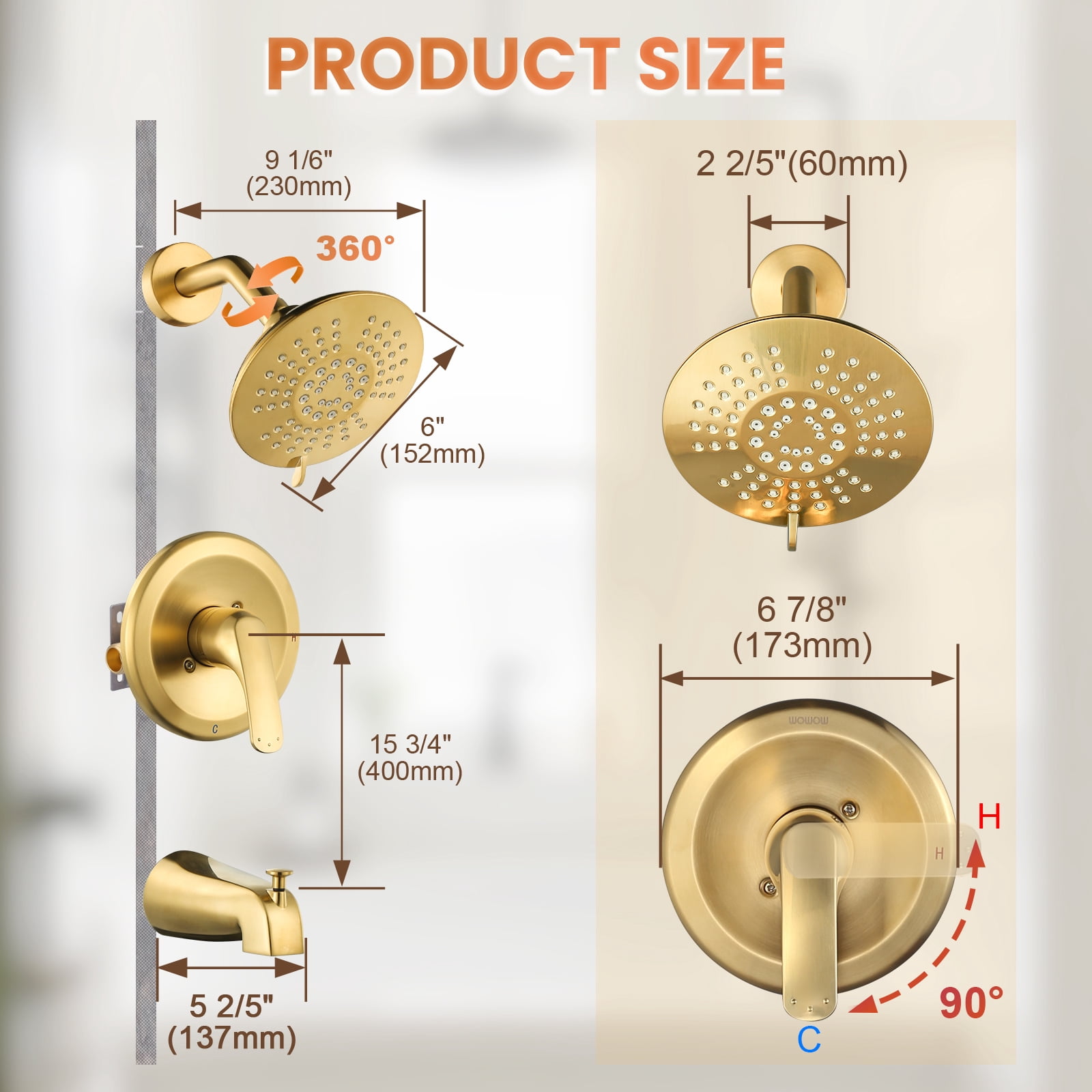 Wowow Shower Faucet with Valve, Bathroom Tub Shower Faucet Kit, Single Handle Rain Shower Head with Tub Spout, Gold