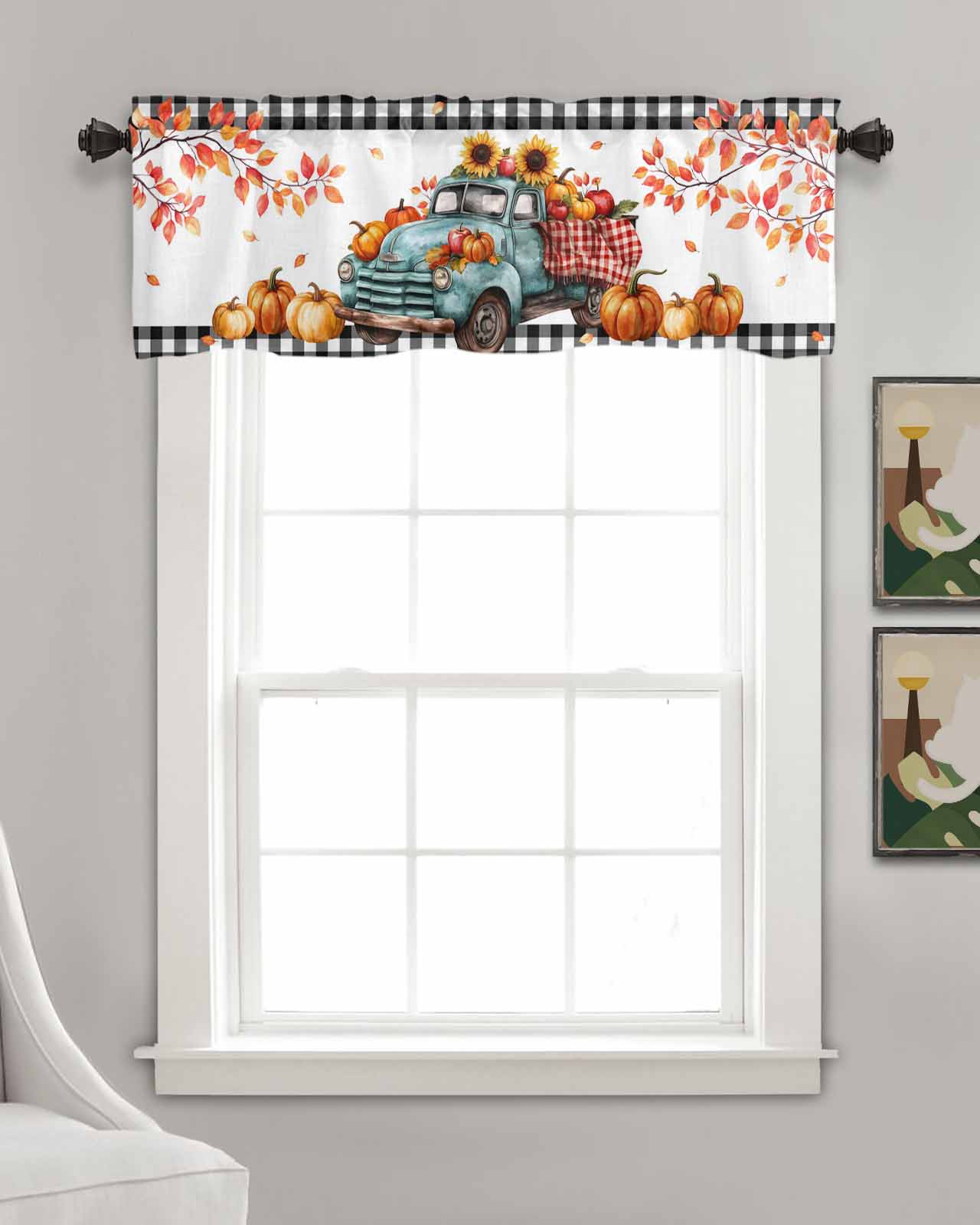 Fall Thanksgiving Kitchen Valances for Windows Farmhouse Linen Window Valance Curtain for Living Room Window Treatment Pumpkins Old Truck Branch Rustic Valance Rod Pocket Topper Drape, 42 x 18 Inch