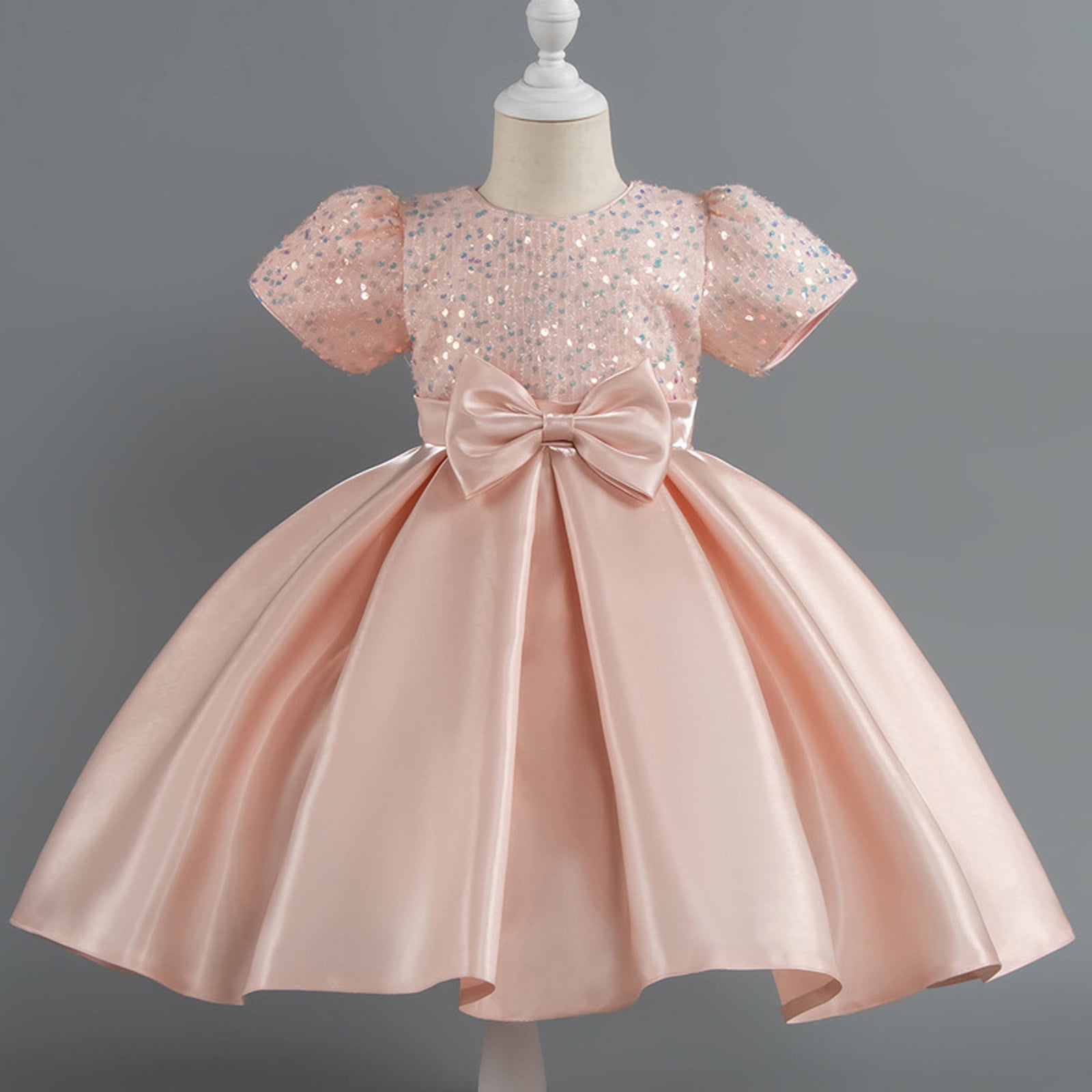 Girls Prom Dresses Formal A-Line Size 2-10 Toddlers Kids Elegant Sequins Short Sleeve Bowknot High Waisted Solid Performance Party Dress