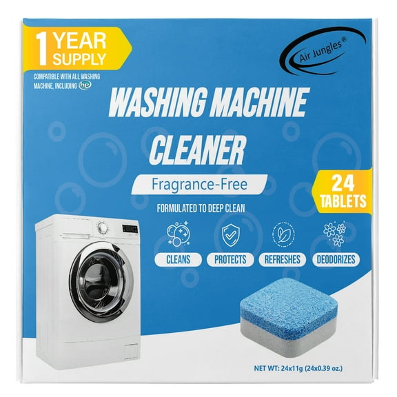 Air Jungles Washing Machine Cleaner Tablets 24 Count, Fragrance Free, Deep Cleaning, Dirt Remover, Clean Laundry Washer Drum and Tub, Compatible with Front and Top Load Washer, 12 Month Supply