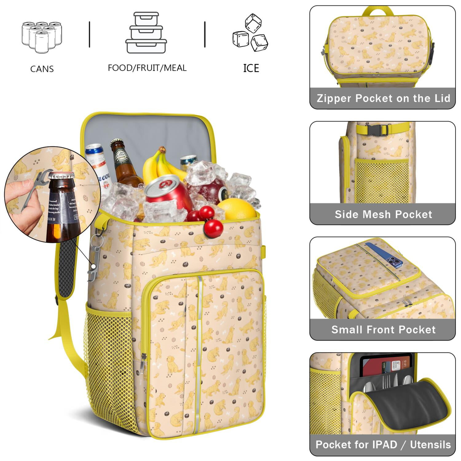Travel Cooler Bag - Golden Retriever Camping Beer Cooler Backpack with Bottle Opener- Waterproof Insulated Picnic Backpacks - Cooler Bag for Beach